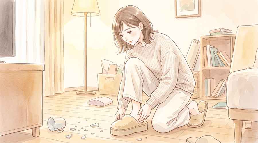 地震後の部屋でスリッパを履いて安全確認をする女性 -