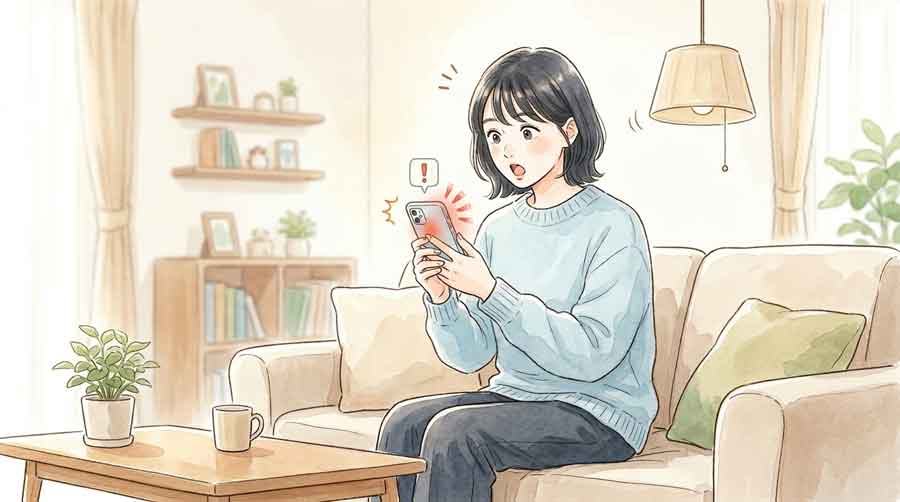 夜の部屋で窓から外を確認しながらスマートフォンを手にする女性