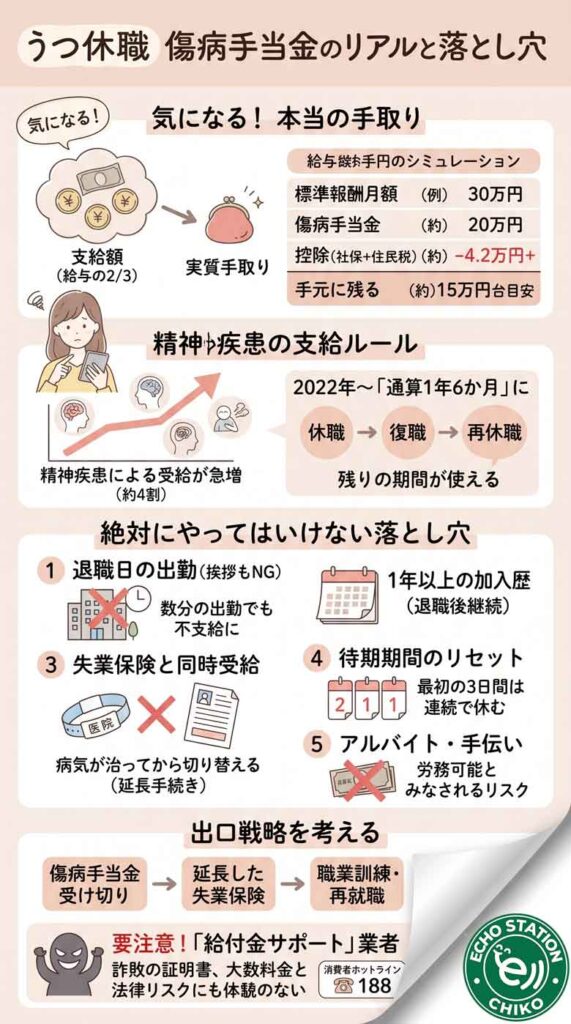 うつで休職したら手元にいくら残る？傷病手当金のリアルな手取りと受給権を失う落とし穴5選インフォグラフ