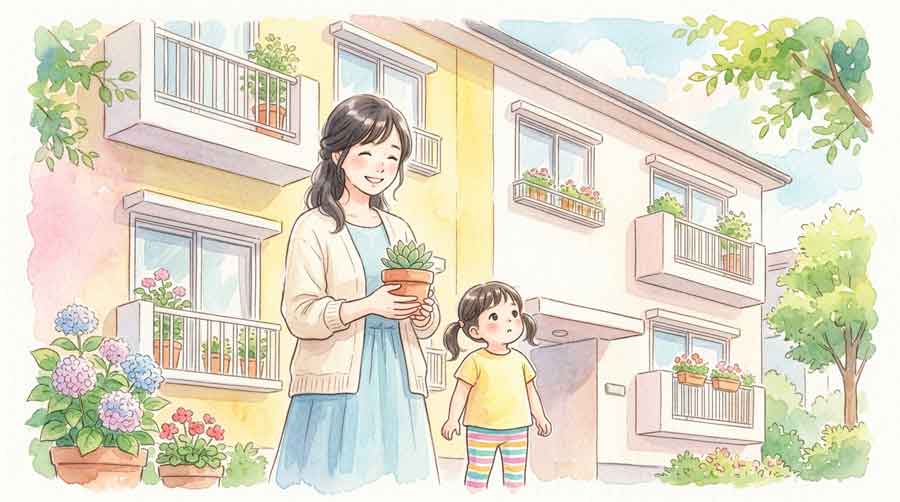 築古アパートを改装して笑顔で子どもを迎え入れる母親のイラスト