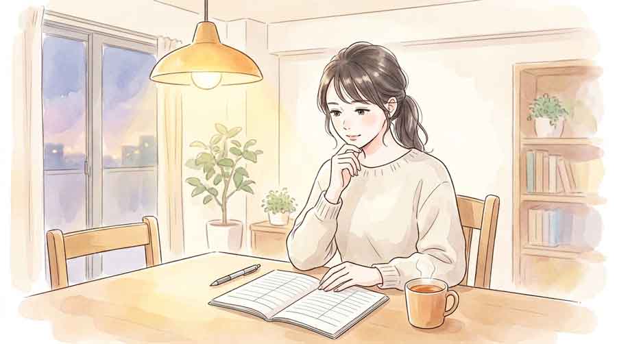 家計簿を見ながら考え込む30代女性のイラスト