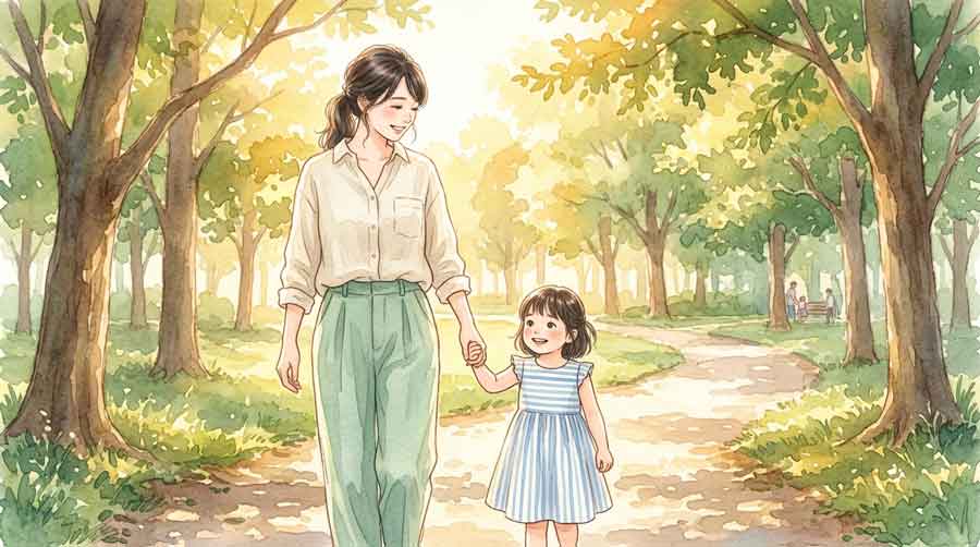 夕暮れの公園で子どもと手をつないで歩くシングルマザーのイラスト