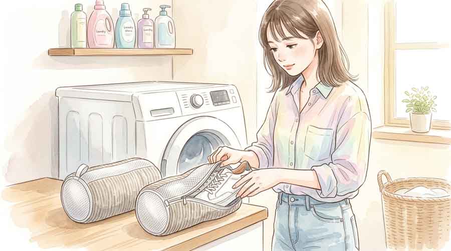 靴を洗濯ネットに入れて洗濯機に投入する女性のイラスト