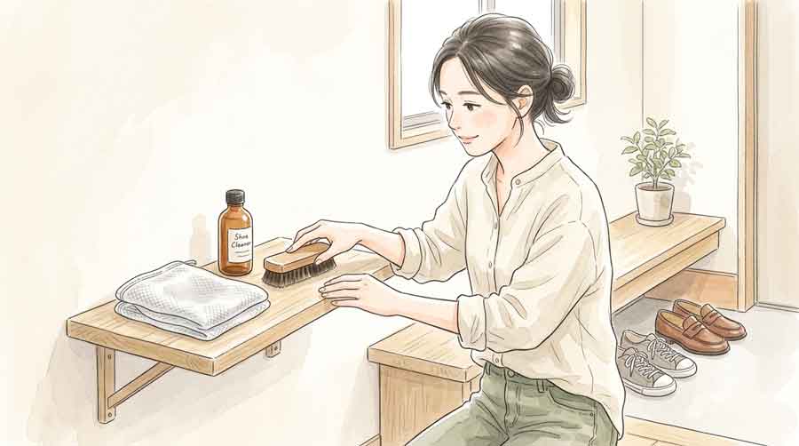靴のお手入れ道具を並べて靴のケアをしている女性のイラスト