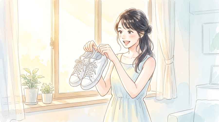 きれいになったスニーカーを手に取って嬉しそうにしている女性のイラスト