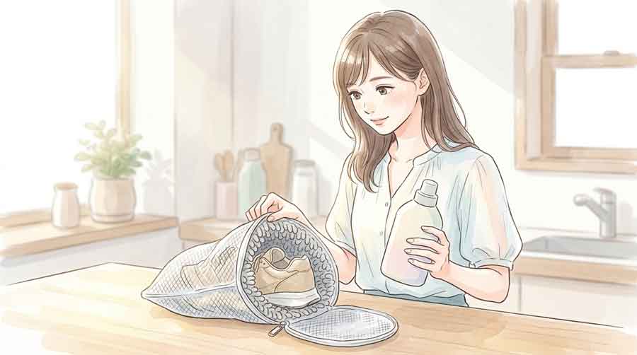 靴用洗濯ネットと洗剤をテーブルに並べて確認する女性のイラスト
