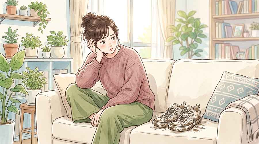 靴洗いを先延ばしにして困り顔でスニーカーを眺める女性のイラスト