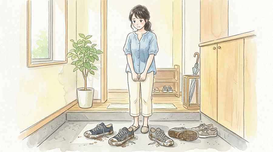 玄関に並んだ汚れたスニーカーを見て困り顔の女性のイラスト