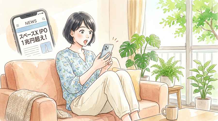スマートフォンでニュースを見て驚いた表情の女性のイラスト
