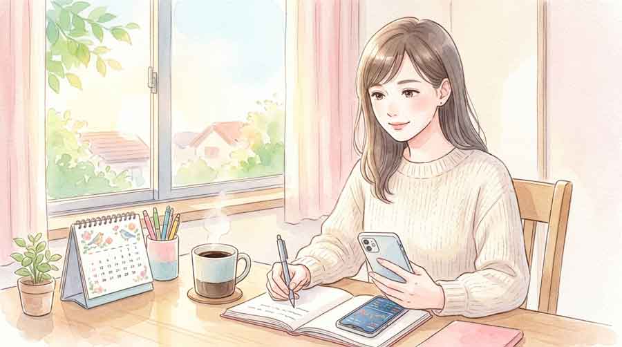 メモを取りながら投資の準備をしている女性のイラスト