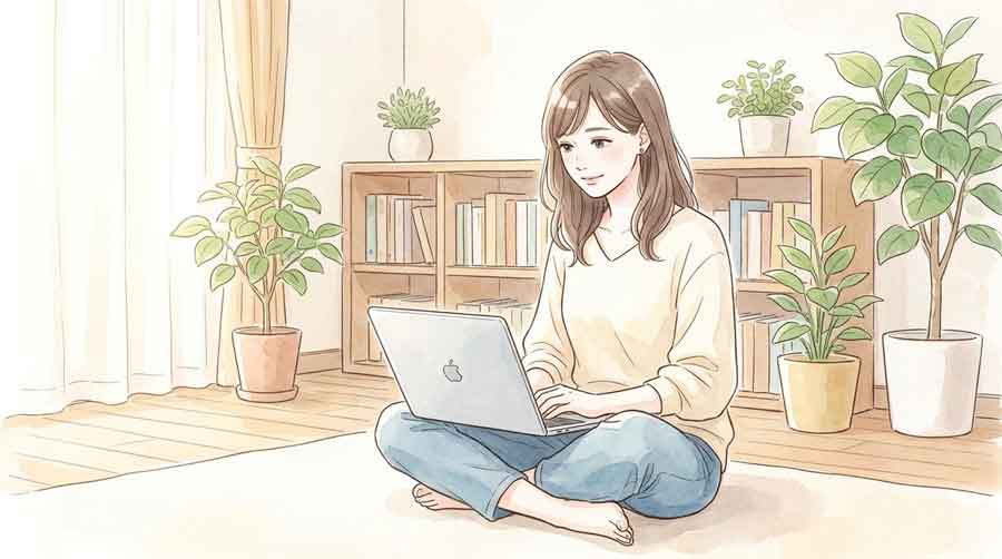 自宅のリビングでスマートフォンを見ながら考え事をする女性のイラスト