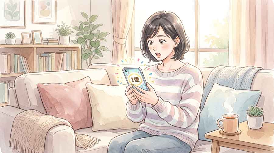 大きな金額が書かれたスマートフォンの画面を見て驚く女性のイラスト