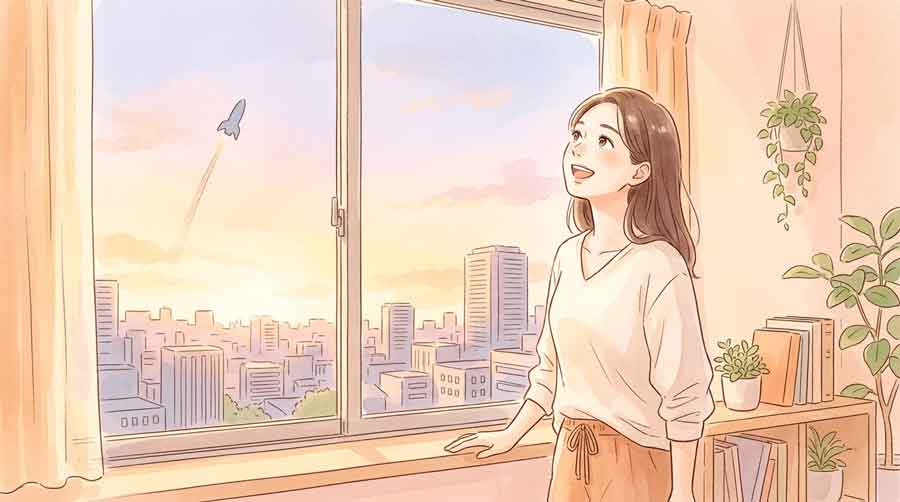 宇宙ロケットの発射を見上げる女性のイラスト