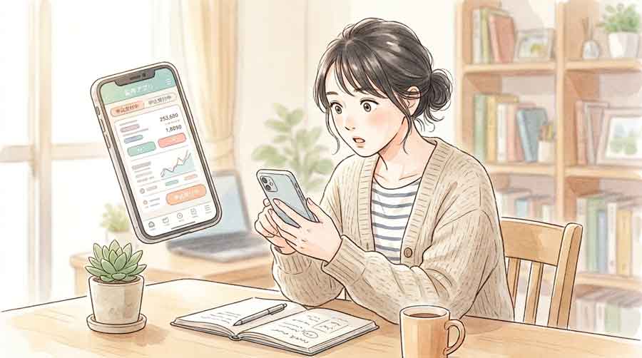 証券会社のアプリ画面を見て驚く女性のイラスト