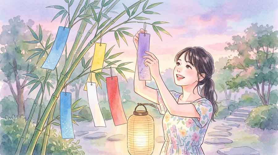 夏の縁側でカラフルな短冊を見つめて微笑む女性