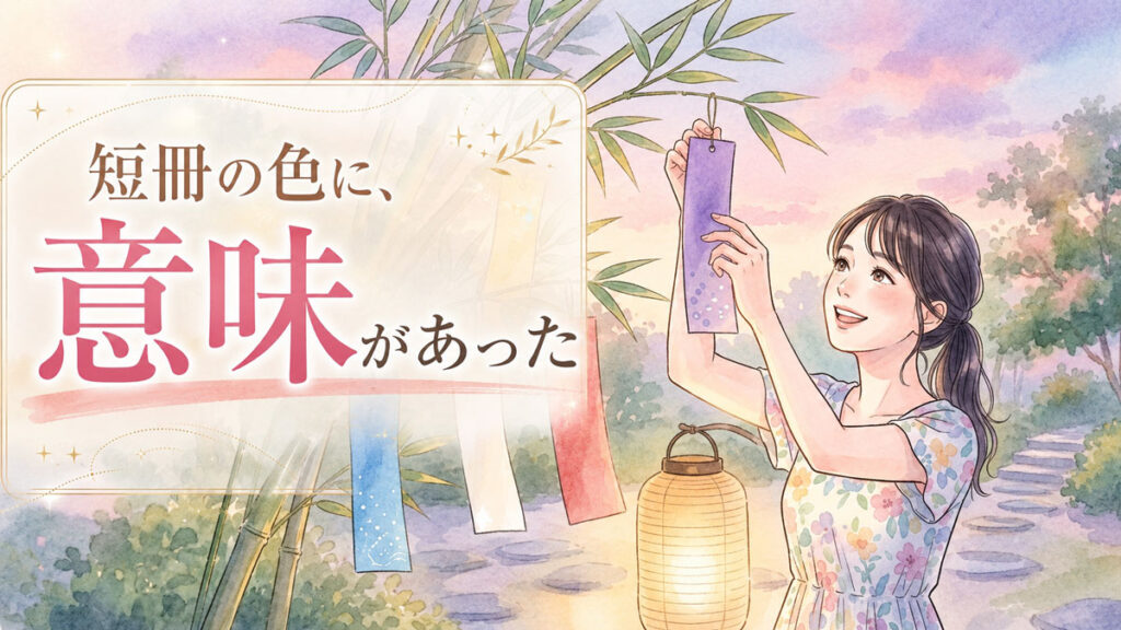 夏の縁側でカラフルな短冊を見つめて微笑む女性