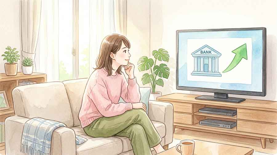 スマートフォンで銀行の金利情報を見て驚く女性