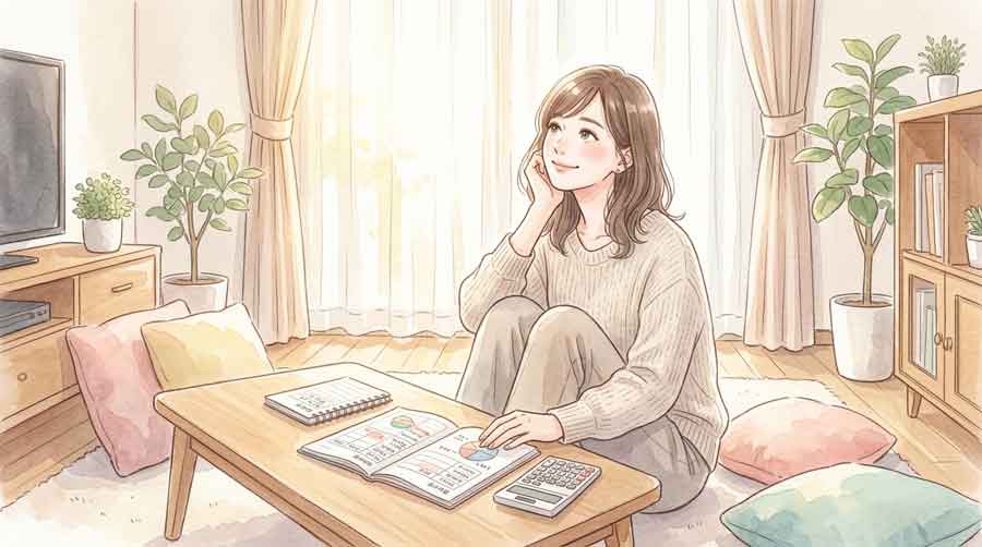 スマートフォンで銀行アプリを操作しながら少額の預金を検討する女性