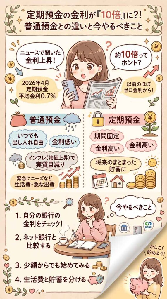 定期預金の金利、実は10倍に?!普通預金との違いと今やるべきこと わかりやすく説明したインフォグラフィックを日本語で作成。女性が書いた柔らかいタッチ。右下にはページをめくるイメージでめくった部分をつける。 H2,H3、PICX不要 縦長 日本語フォント文字少なめ画像大 グラス