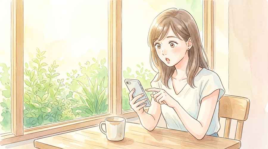銀行のパンフレットを見て驚いた表情の30代日本人女性