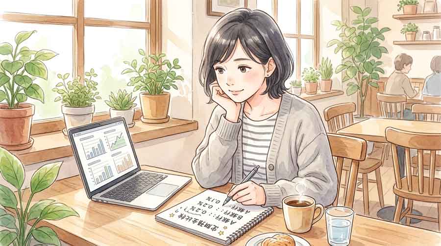 カフェでメモを取りながら定期預金について調べる女性
