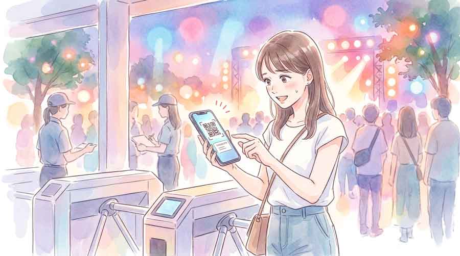 ライブ会場の入場ゲート前でスマートフォンを操作して電子チケットを表示しようとする女性