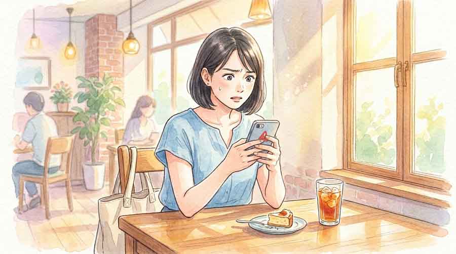 抽選結果のメールが届かず不安な表情でスマートフォンを見つめる女性