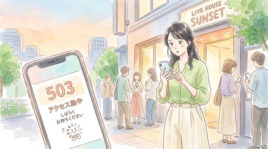 503エラー画面の表示されたスマートフォンを見て困惑する女性