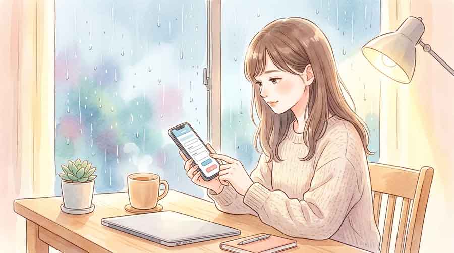 台風の雨の中、払い戻し手続きのためスマートフォンを操作する女性