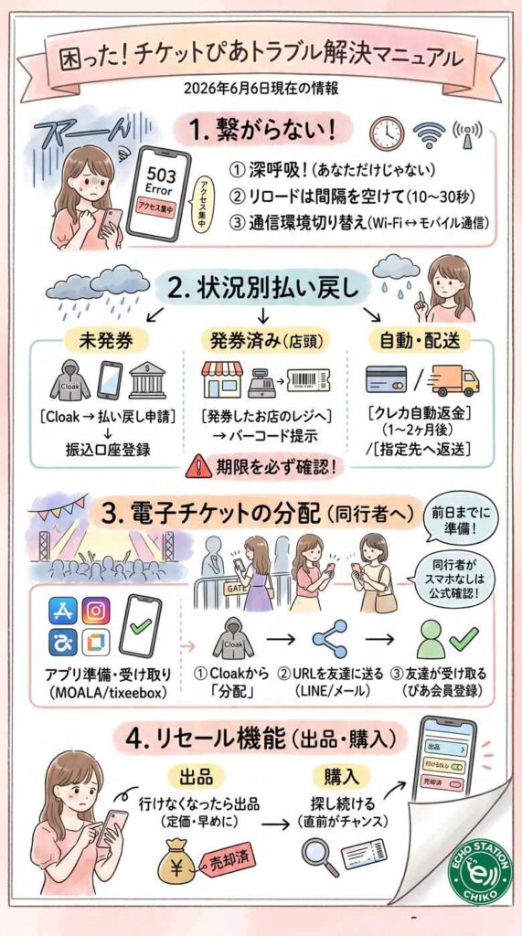 【チケットぴあ】払い戻し・分配・繋がらない!困った時の状況別トラブル解決マニュアルインフォグラフ
