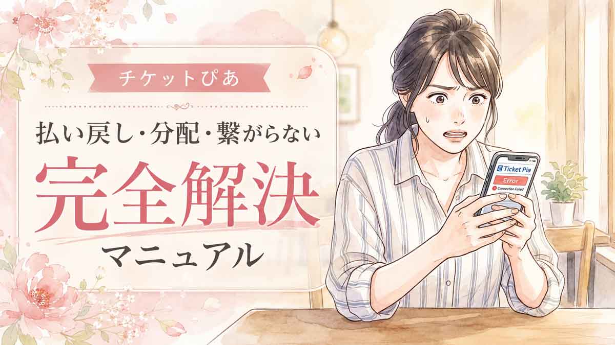 スマートフォンでチケットぴあのエラー画面を見て焦る女性