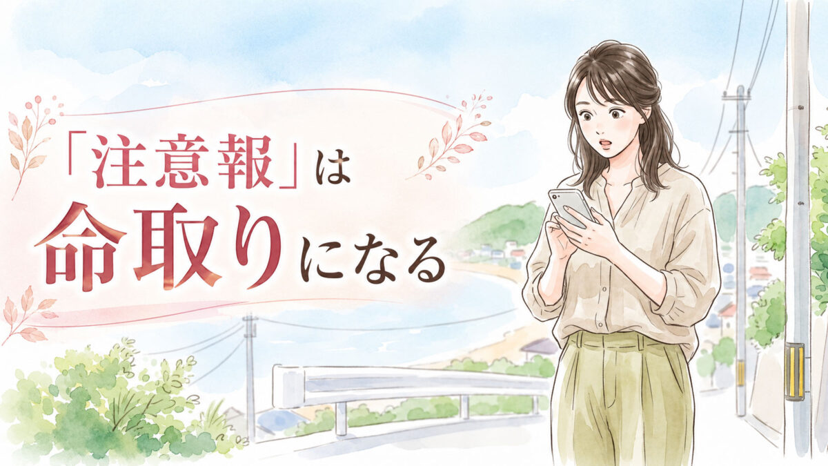 緊急速報を受け取ってスマートフォンを見つめる女性のイラスト・海岸線の風景