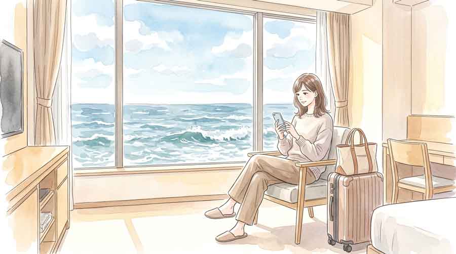 海の見えるホテルで情報を確認する旅行者の女性・スマートフォンを持つイラスト