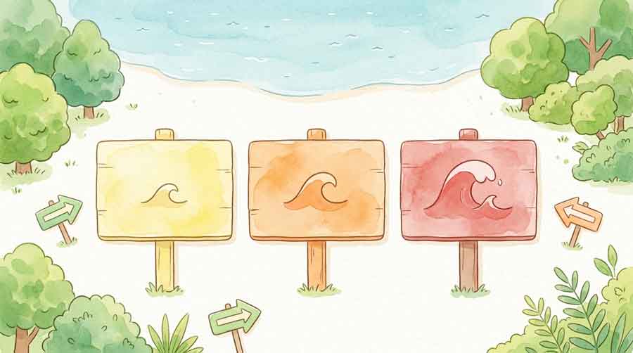 津波警報の3段階を示す比較図・海と避難を描いたイラスト
