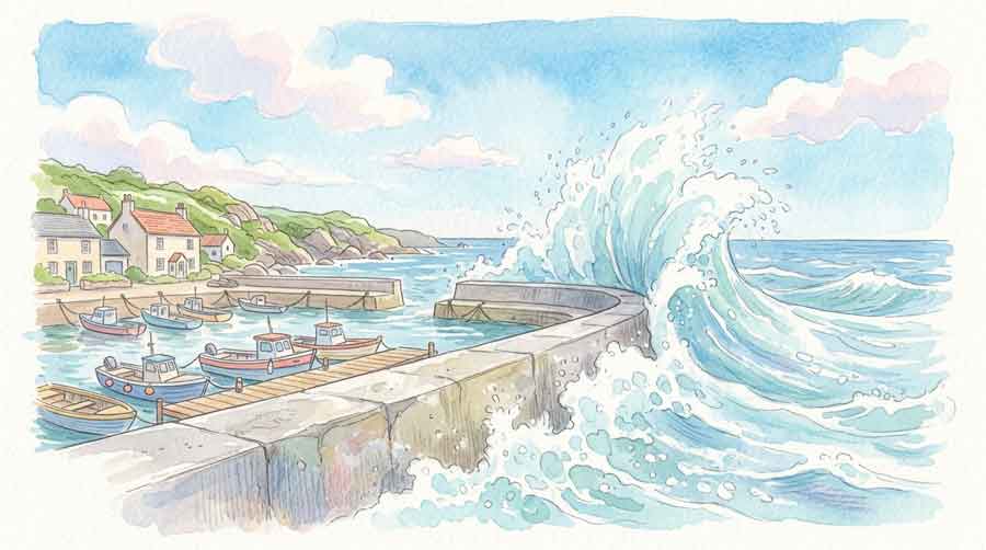 強い波が防波堤を乗り越えるイラスト・青い海と荒れた波