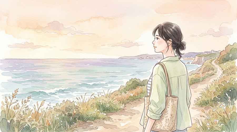 解除後も荒れた海岸を遠くから眺める女性のイラスト・夕方の空