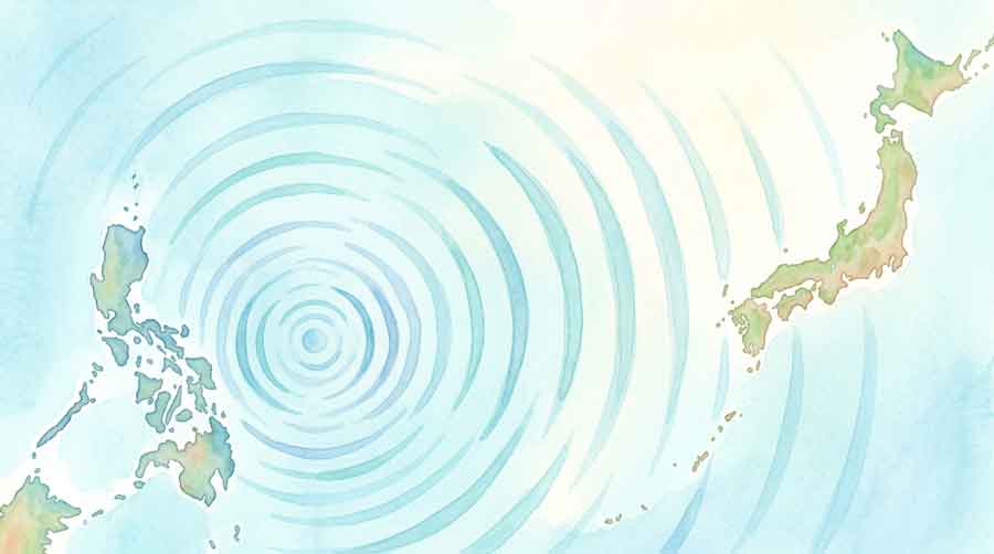 フィリピン周辺の海を俯瞰したイラスト・地震発生を示す波紋
