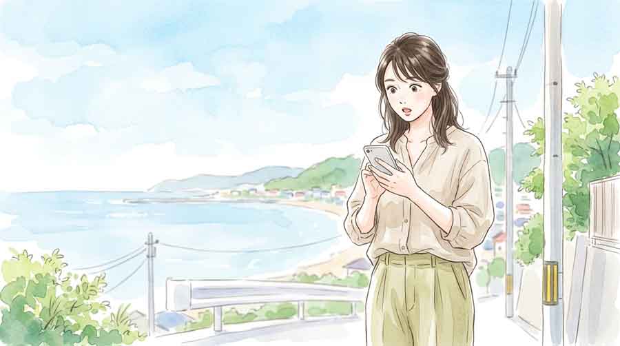 緊急速報を受け取ってスマートフォンを見つめる女性のイラスト・海岸線の風景