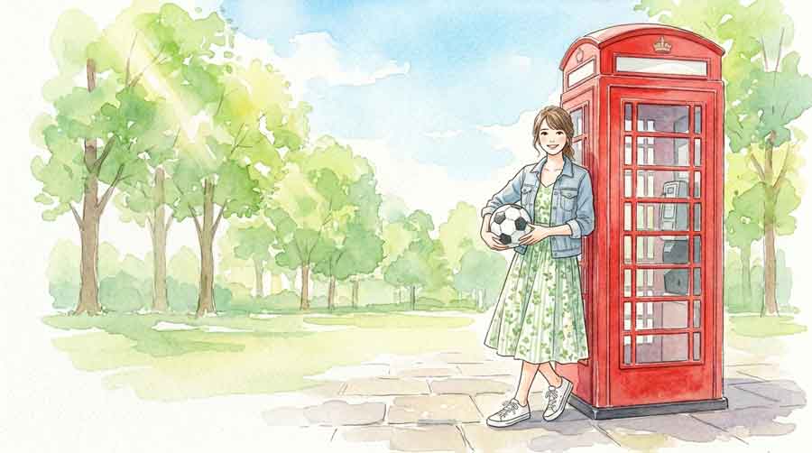 ロンドンの街並みを背景に笑顔でスマホを持つ日本人女性のイラスト