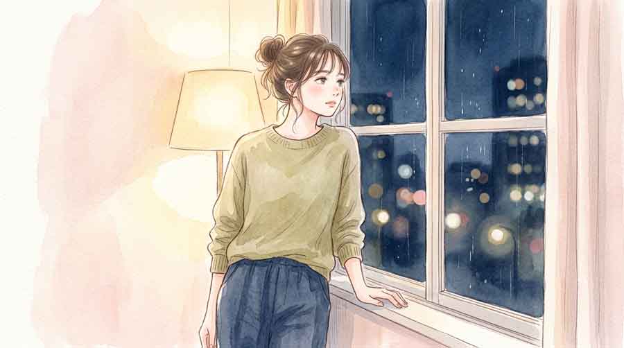 窓の外を見て静かに考え込む日本人女性のイラスト