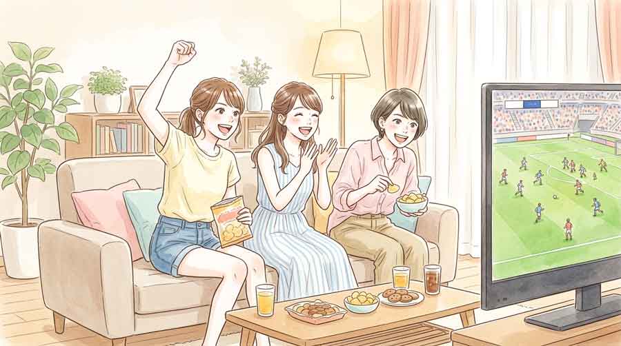 PIC3 | alt: サッカー観戦でゴールに歓喜する日本人女性サポーターのイラスト