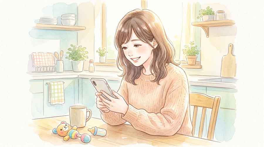 赤ちゃんのいる部屋でスマホを見てほほえむ女性のイラスト