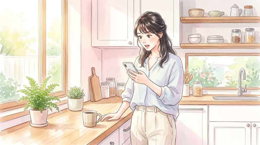 スマートフォンで国際ニュースを見て驚く表情の日本人女性