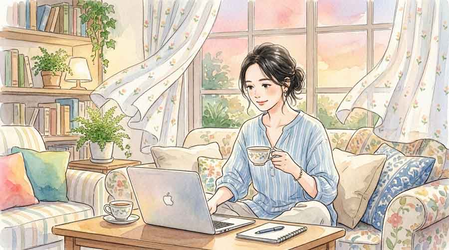 PIC5 | alt: ニュースを見ながら少し考え込む様子の女性