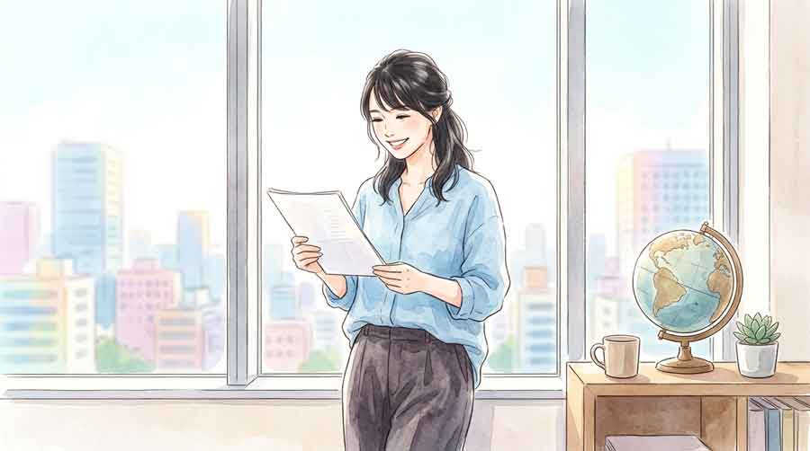 地図を前に明るい表情でビジネスの可能性を考える女性