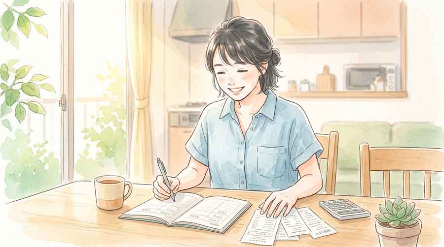 家計簿を見てホッとした表情の女性