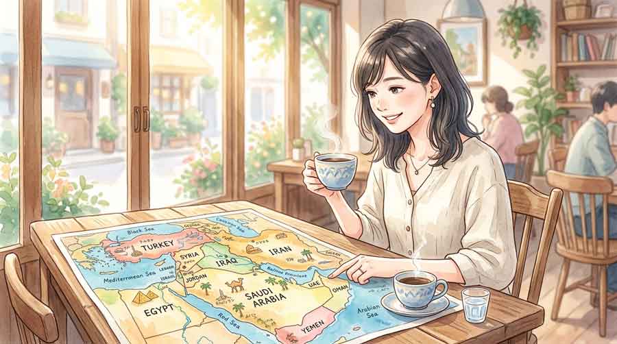 PIC2 | alt: 地図を見ながら中東情勢を確認する女性
