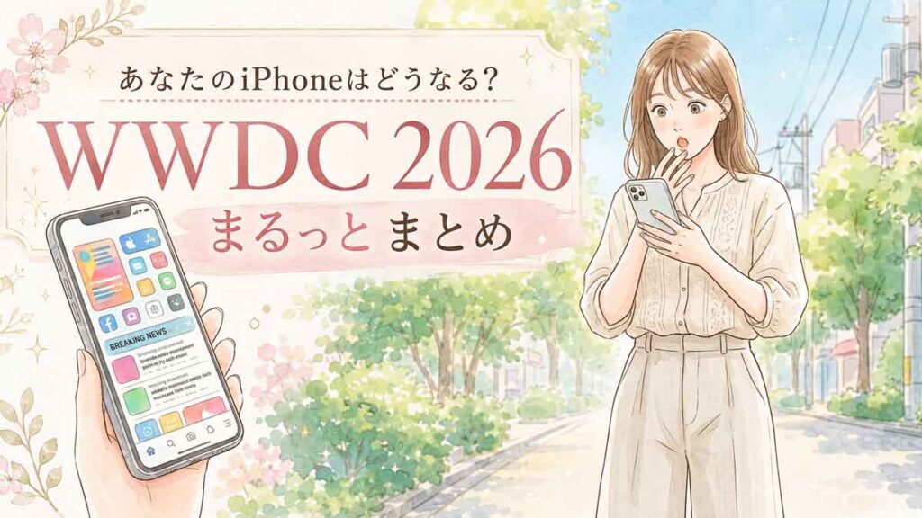 スマートフォンのニュース画面を見て驚いた表情の女性のイラスト(初夏の街並み)