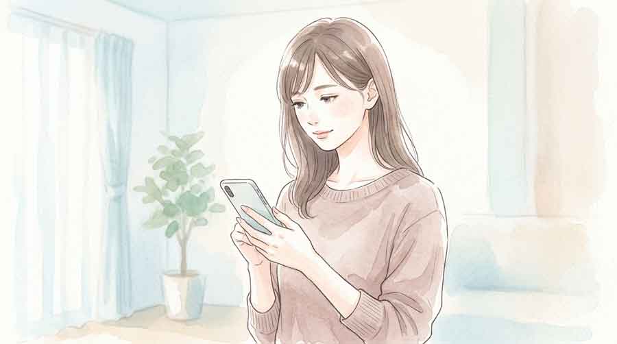 スマートフォンを手に持ってどうするか考えている表情の女性のイラスト