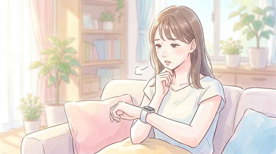 Apple Watchを見てため息をついている女性のイラスト